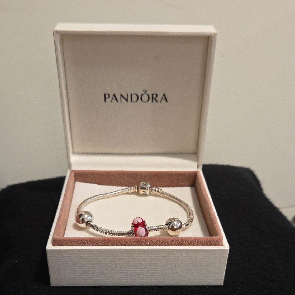 Pandora Sterling Silver Charm Braclet w/ Red/pink Heart Charm